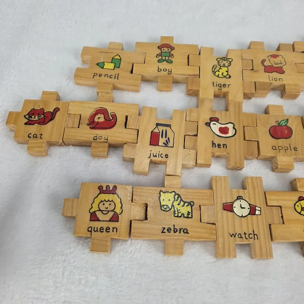 Vintage Wooden Interlocking Alphabet & Number Blocks Set of 36 Educational Toys